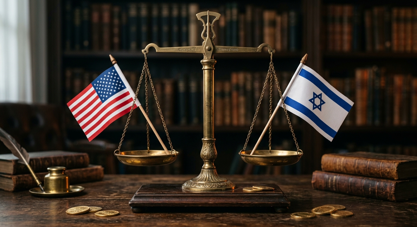 מאזני צדק מזהב על שולחן עץ שעליהם מאוזנים דגל ארצות הברית ודגל ישראל